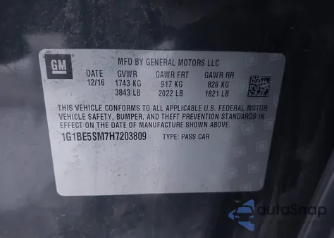 2017 Chevrolet Cruze Lt Auto from USA, damaged, VIN 1G1BE5SM7H7203809